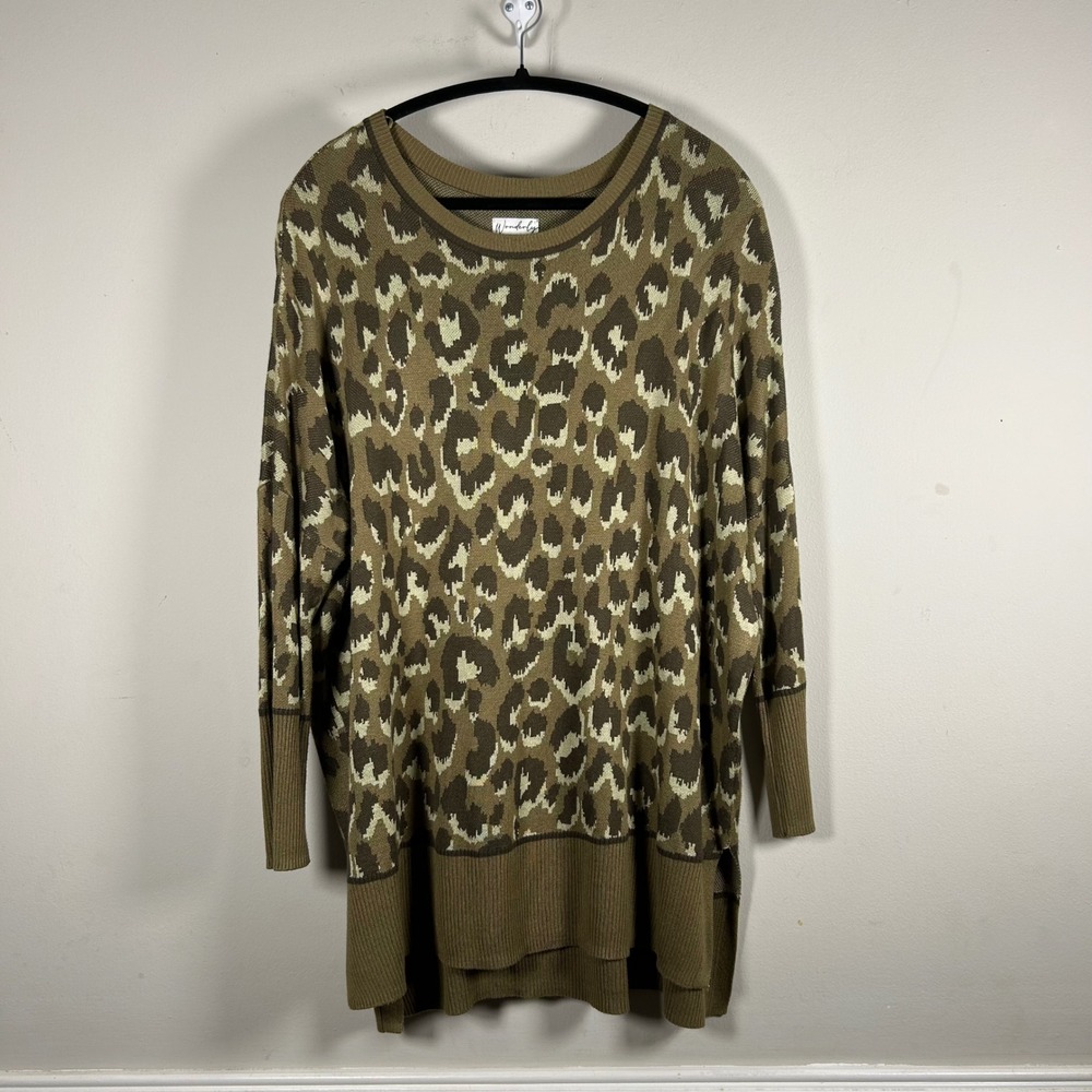 Wonderly Tunic Sweater Womens XL Brown Leopard Print Rayon Knit Ribbed Cuffs